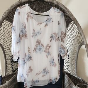 Floral Chiffon Blouse - White and Blue